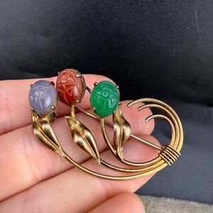 Vintage Symmetalic Gold Filled‎ Over Sterling Brooch Signed Carved Stone Scarab